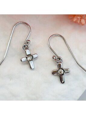 Cross Shaped Clear Cubic Zirconia Gemstone 925 Sterling Silver Vintage Earrings